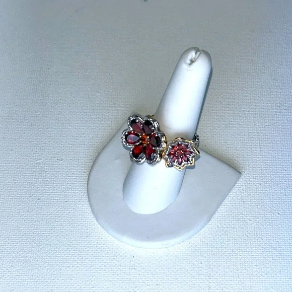 NWOT Gems en Vogue Sterling 18K Accent Genuine Gemstone 2 Flower Designer Ring